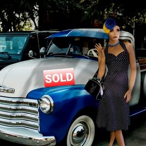 1950's black and white polkadot halter dress